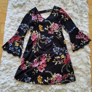 Dressbarn Black Floral long lace bell sleeve dress